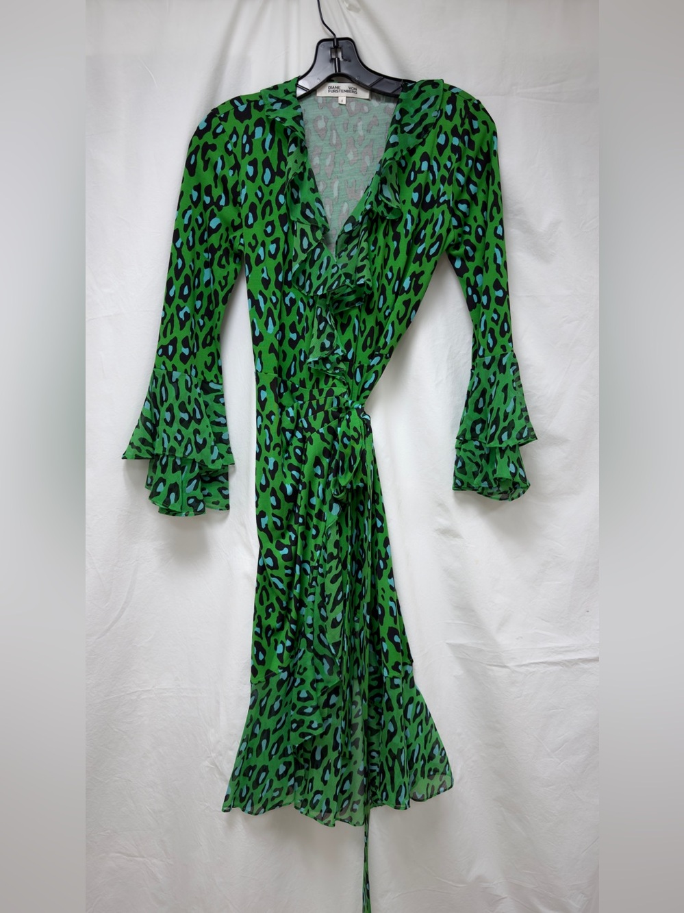 Diane Von Furstenberg Green and Black Leopard Wrap Dress with Ruffle Sleeves